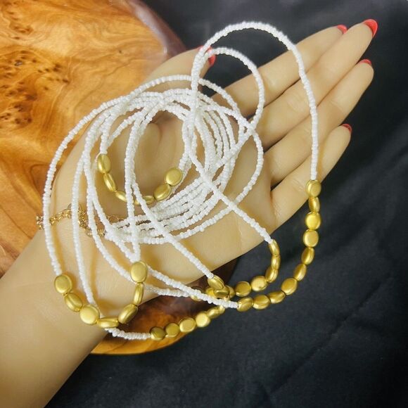 Vintage Necklace Seed Beads Gold  White Multi Strand 1096 - Picture 3 of 8